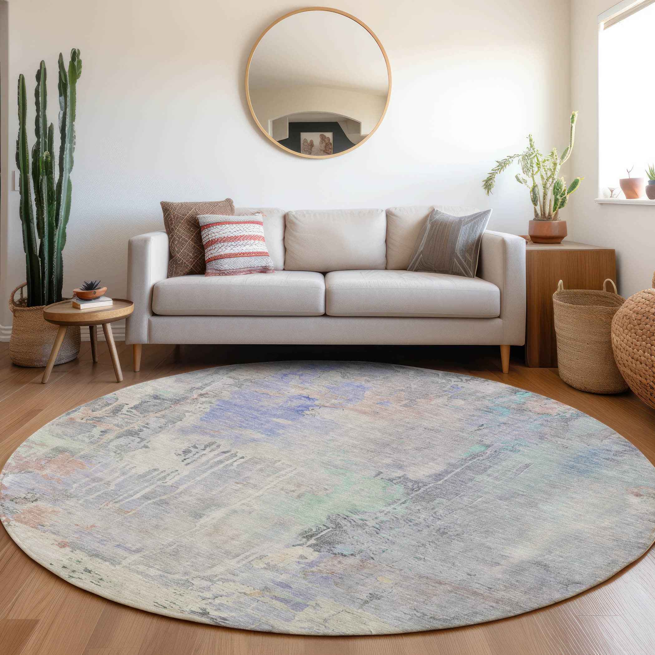 8' Purple Round Abstract Washable Indoor Outdoor Area Rug