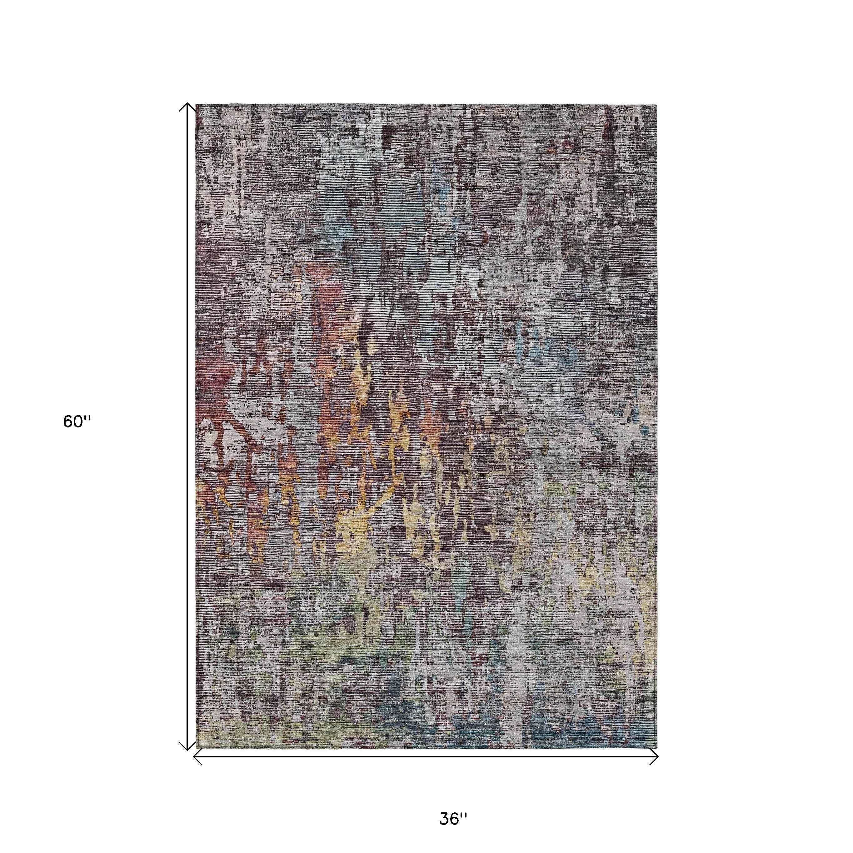 3' X 5' Pewter Abstract Washable Indoor Outdoor Area Rug