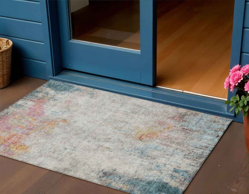 3' X 5' Teal Blue Abstract Washable Indoor Outdoor Area Rug