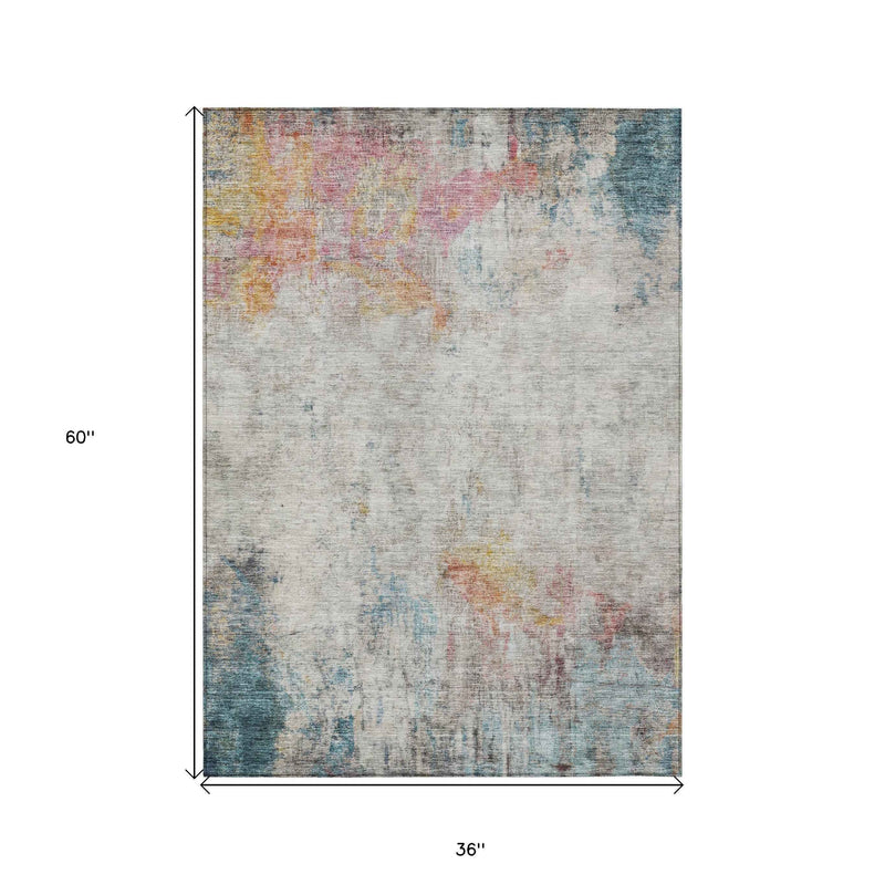 3' X 5' Teal Blue Abstract Washable Indoor Outdoor Area Rug