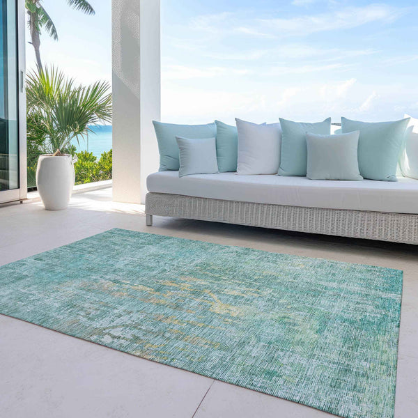 10' X 14' Teal Blue Abstract Washable Indoor Outdoor Area Rug