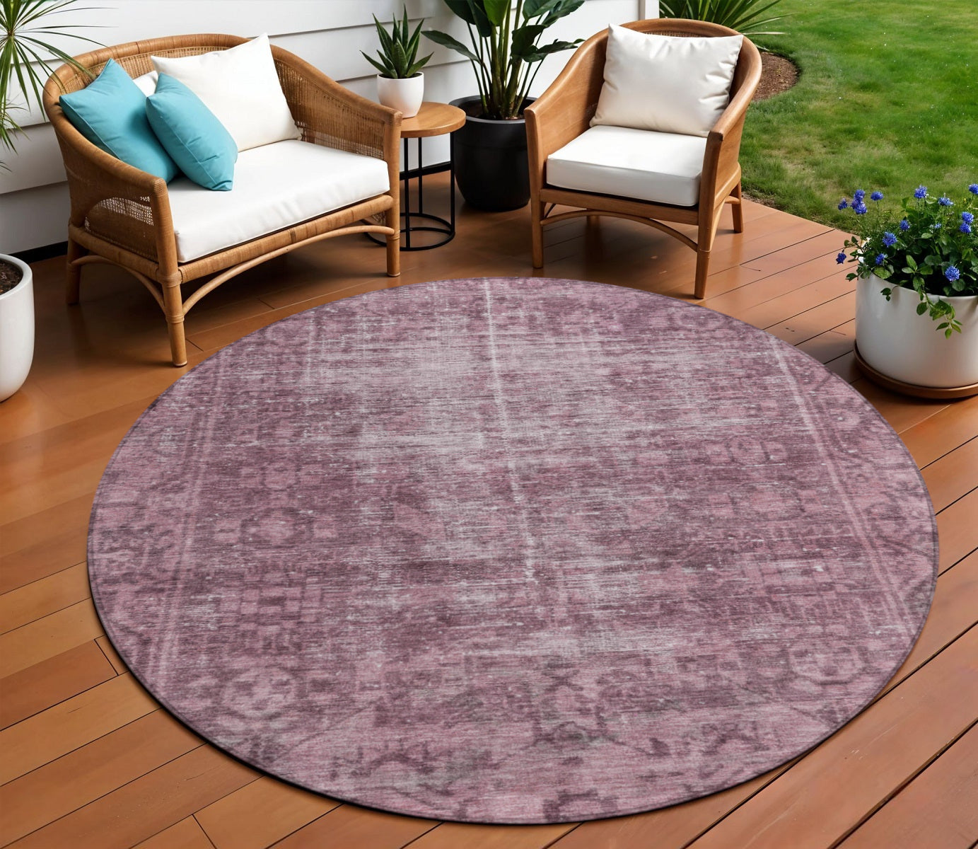8' Merlot Round Oriental Washable Indoor Outdoor Area Rug - Sports & Outdoor
