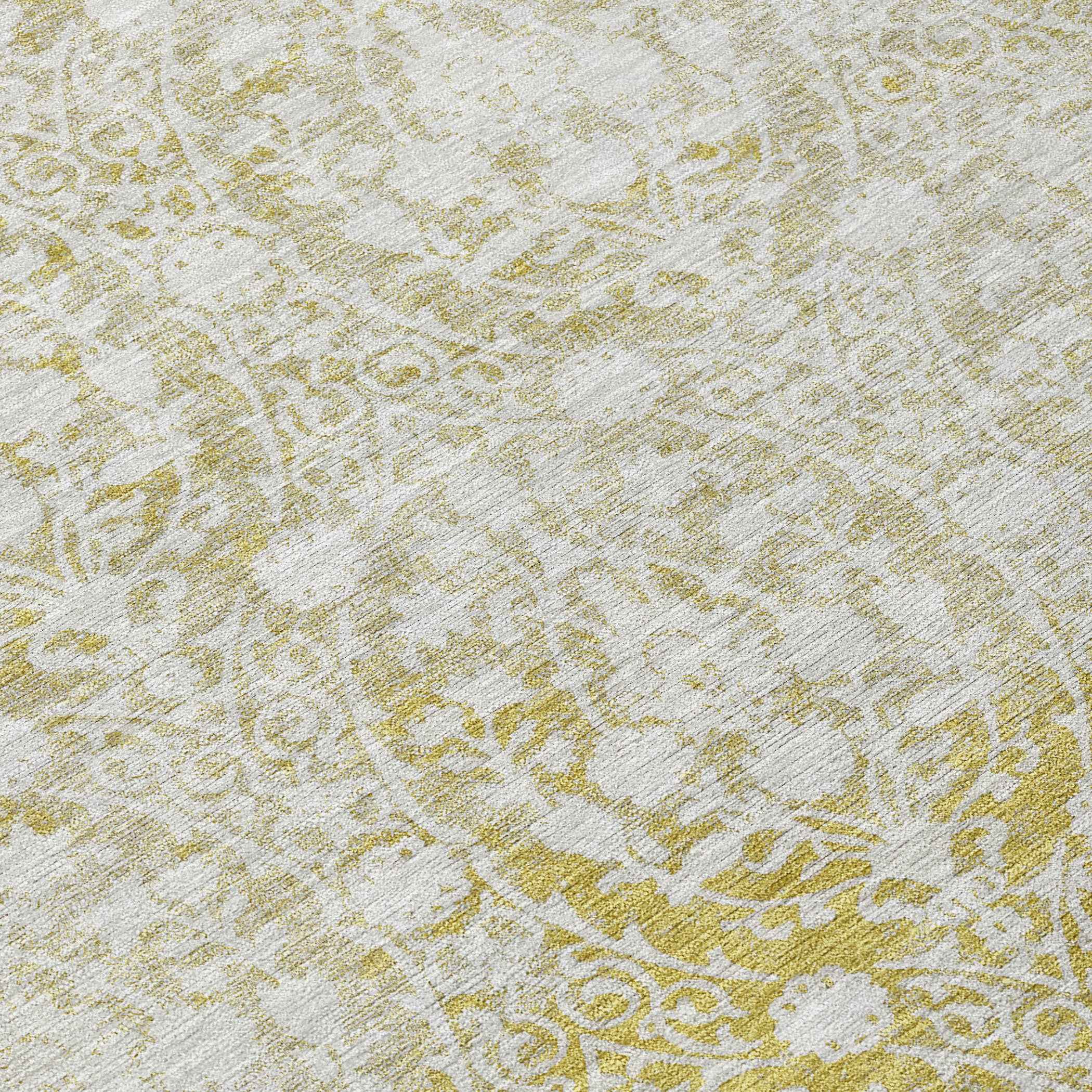 8' Gold Round Damask Washable Indoor Outdoor Area Rug