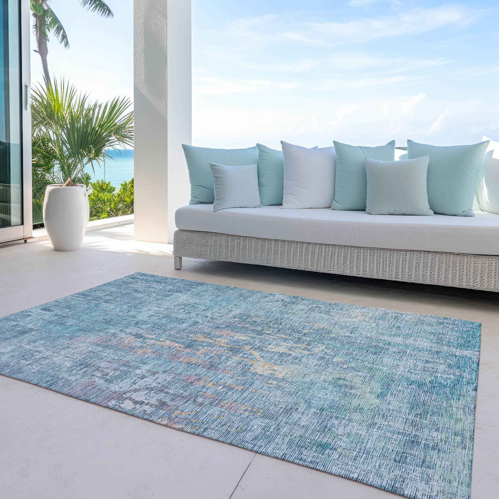 8' X 10' Blue Abstract Washable Indoor Outdoor Area Rug