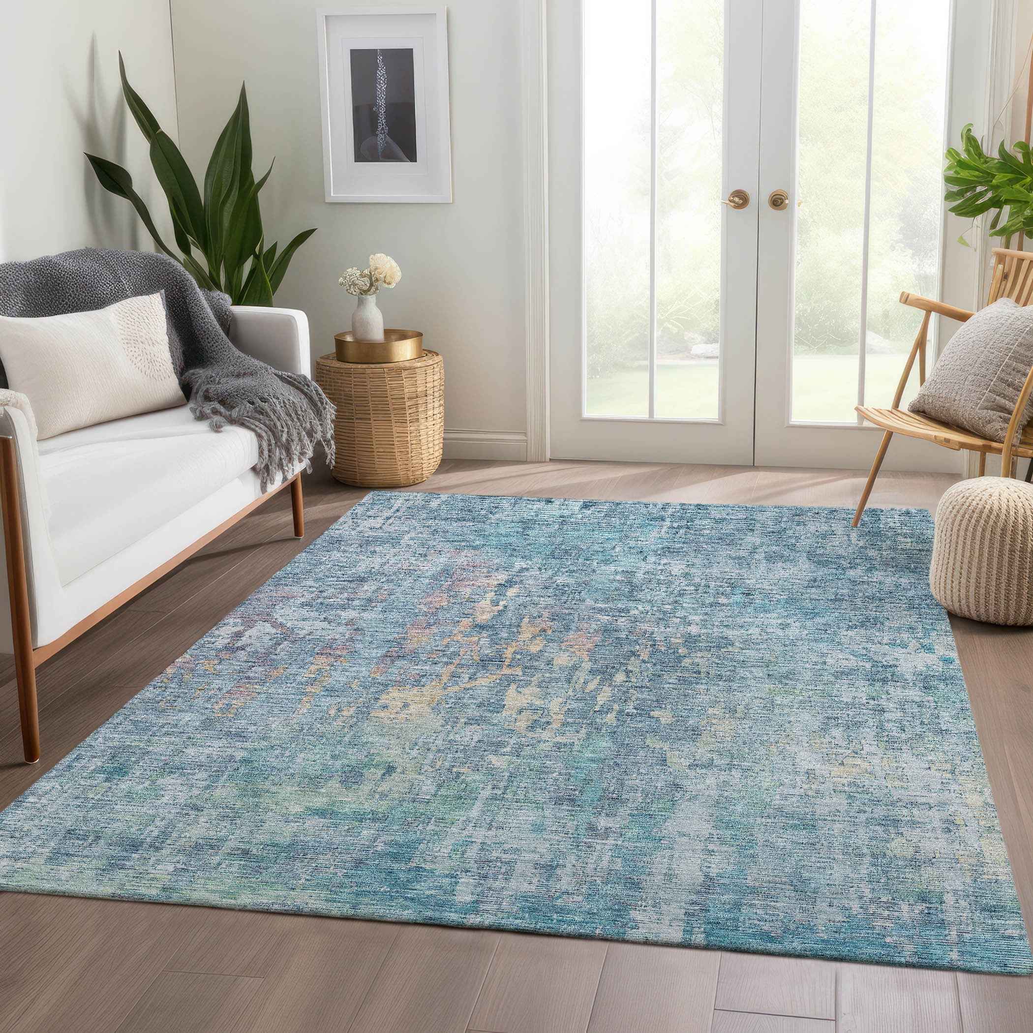 8' X 10' Blue Abstract Washable Indoor Outdoor Area Rug