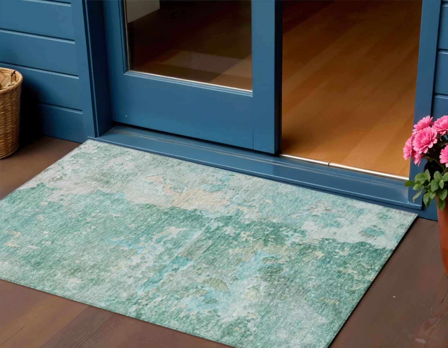 5' X 8' Emerald Abstract Washable Indoor Outdoor Area Rug