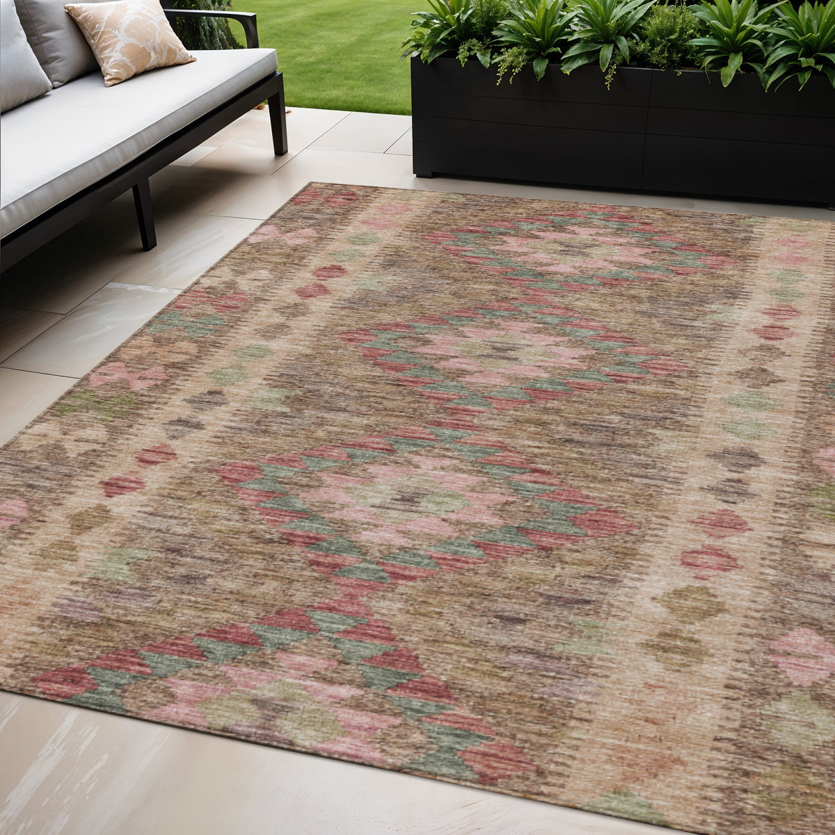 5' X 8' Brown Geometric Washable Indoor Outdoor Area Rug - Sports & Outdoor