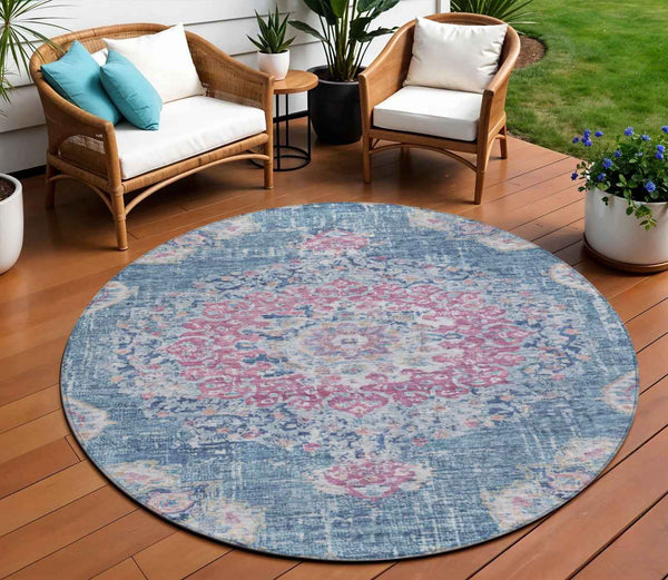 8' Blue Round Floral Medallion Washable Indoor Outdoor Area Rug