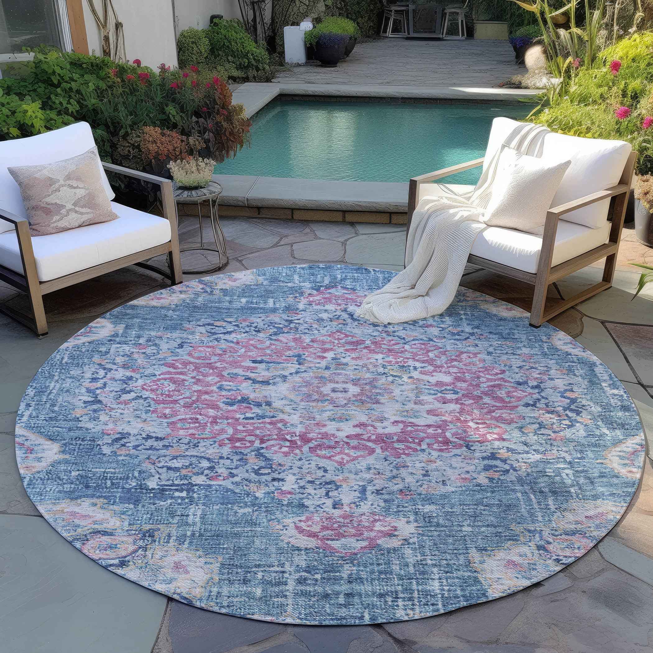 8' Blue Round Floral Medallion Washable Indoor Outdoor Area Rug