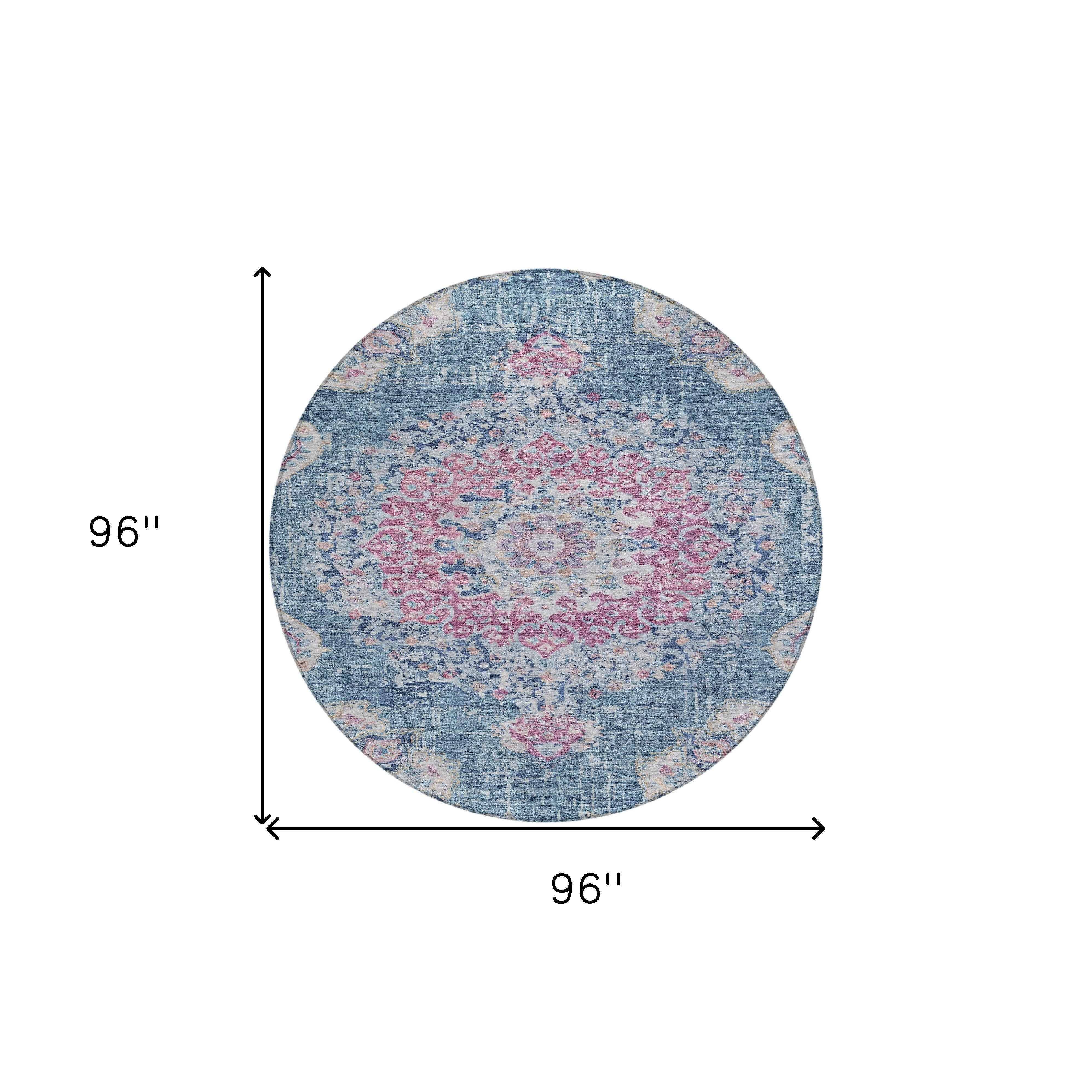 8' Blue Round Floral Medallion Washable Indoor Outdoor Area Rug