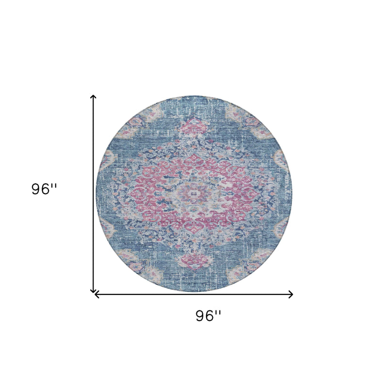 8' Blue Round Floral Medallion Washable Indoor Outdoor Area Rug