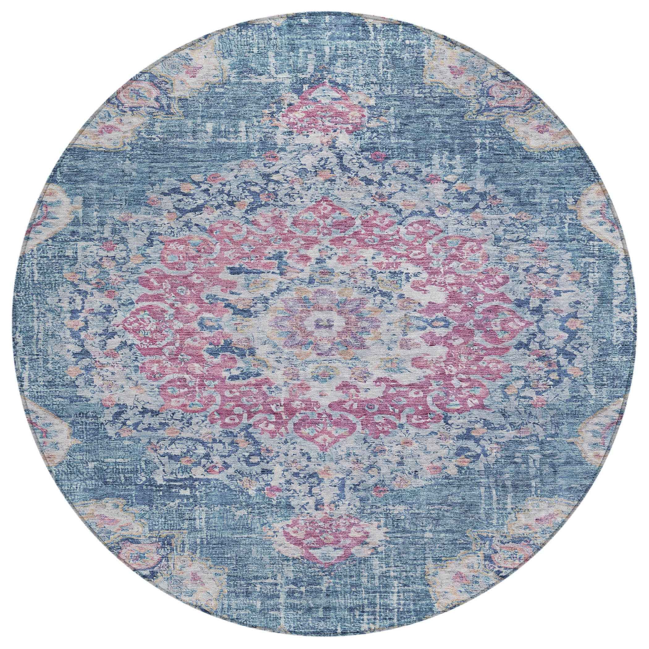 8' Blue Round Floral Medallion Washable Indoor Outdoor Area Rug