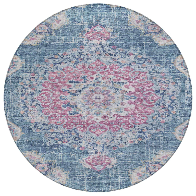 8' Blue Round Floral Medallion Washable Indoor Outdoor Area Rug