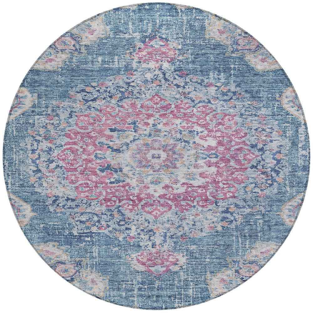 8' Blue Round Floral Medallion Washable Indoor Outdoor Area Rug