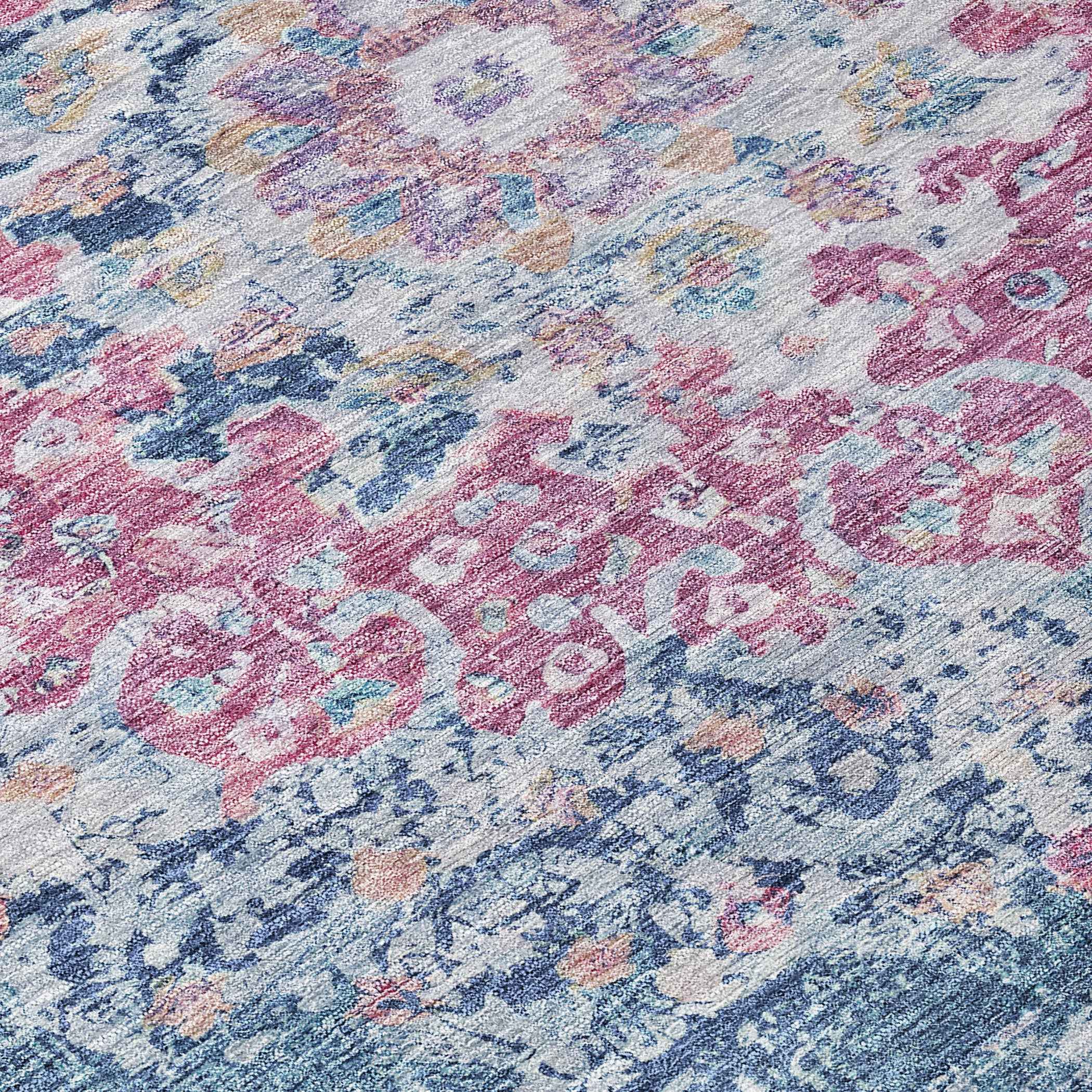 8' Blue Round Floral Medallion Washable Indoor Outdoor Area Rug