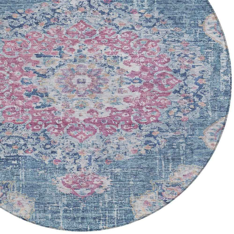8' Blue Round Floral Medallion Washable Indoor Outdoor Area Rug