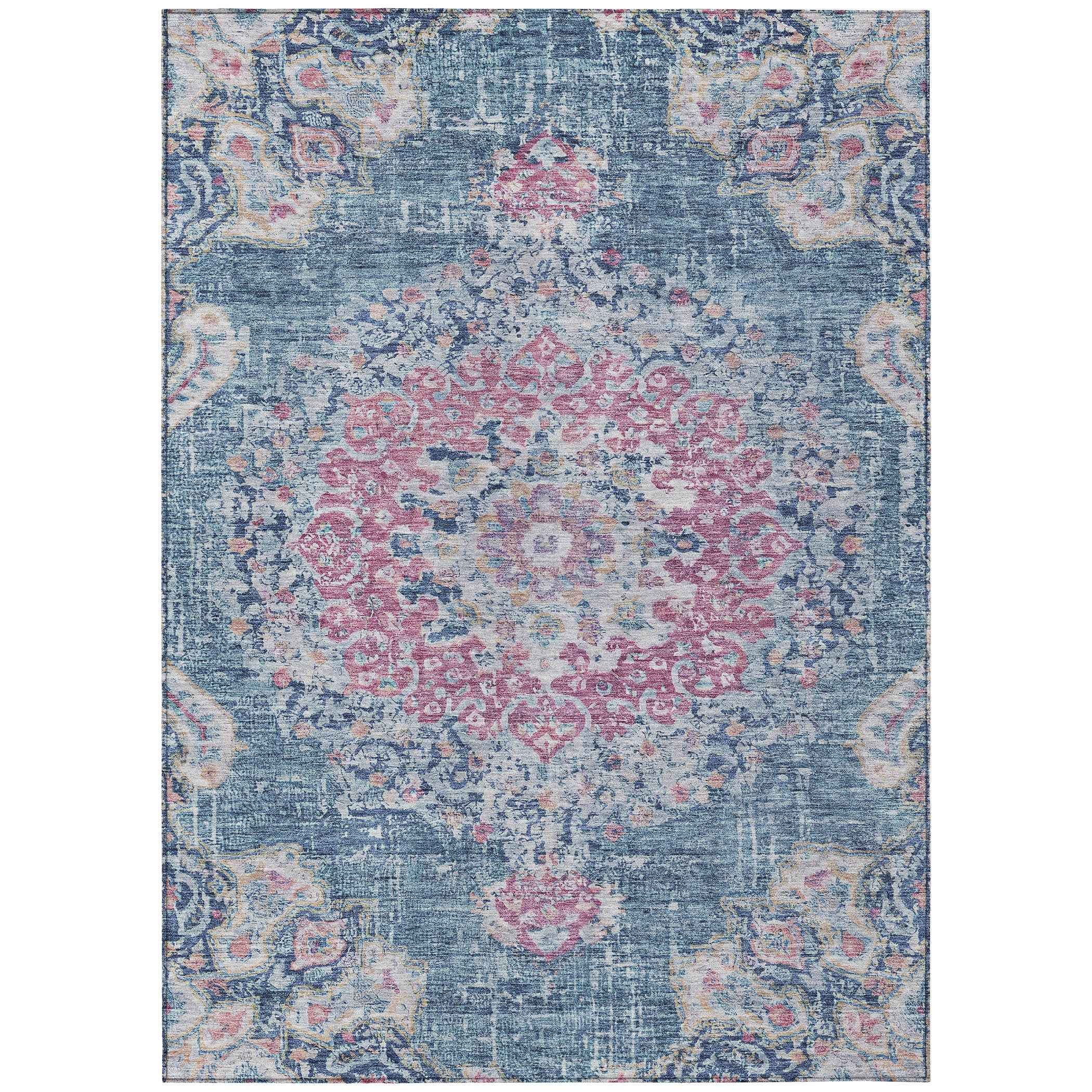 5' X 8' Blue Floral Medallion Washable Indoor Outdoor Area Rug