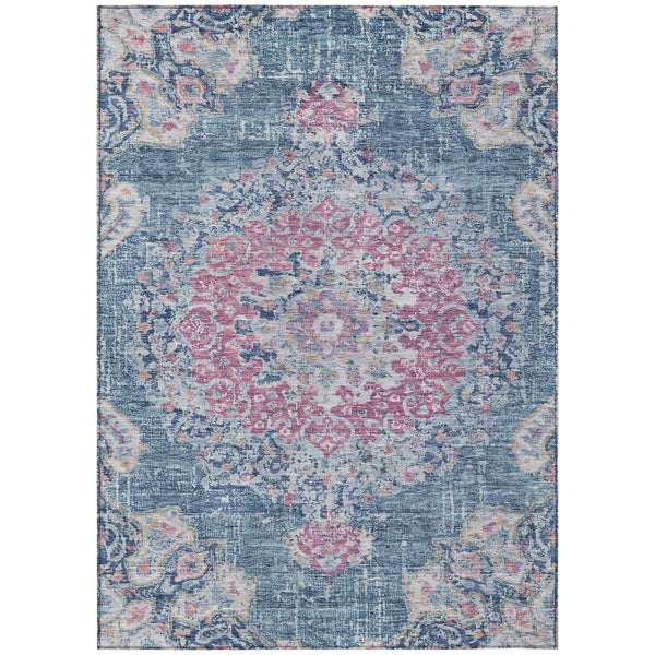 5' X 8' Blue Floral Medallion Washable Indoor Outdoor Area Rug