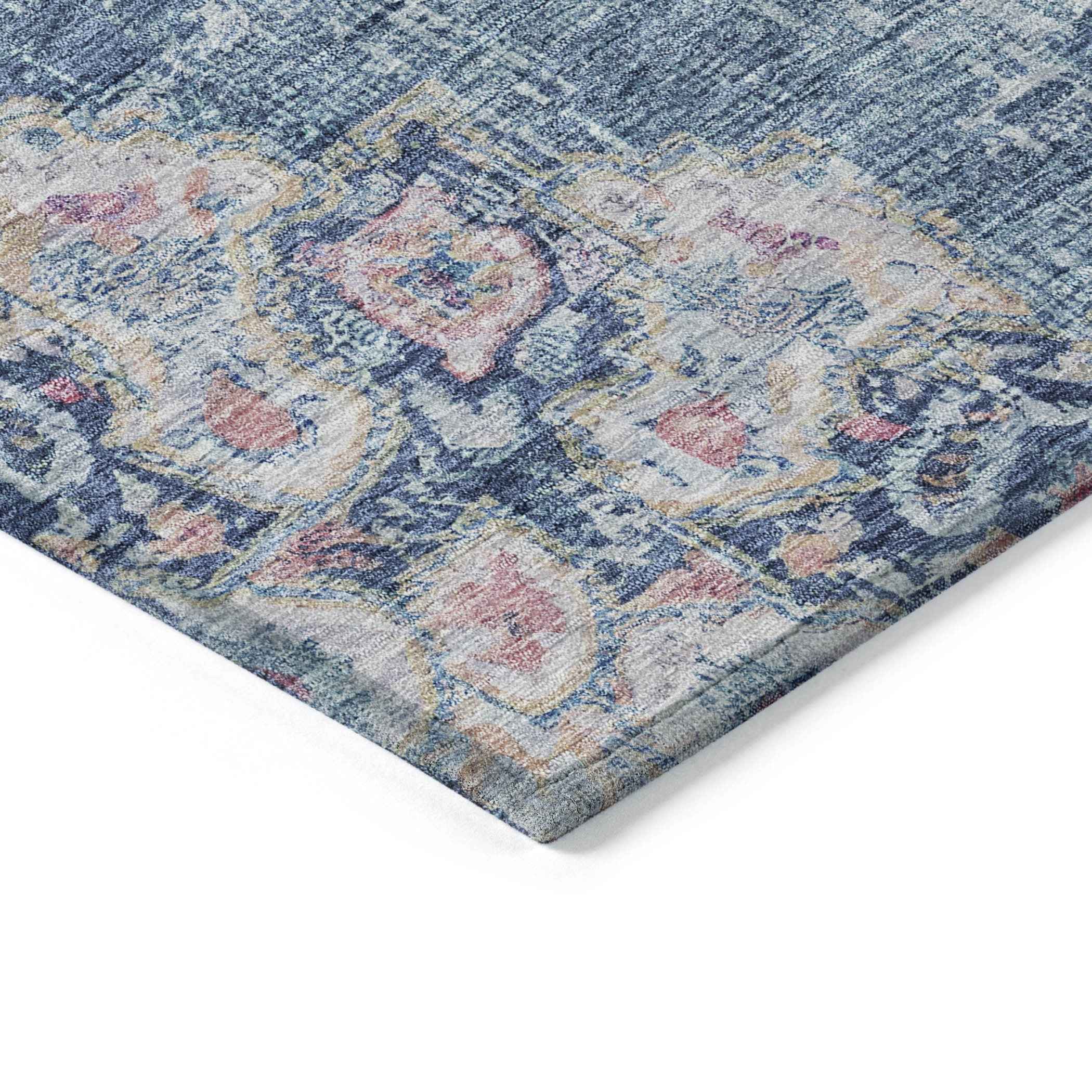 5' X 8' Blue Floral Medallion Washable Indoor Outdoor Area Rug