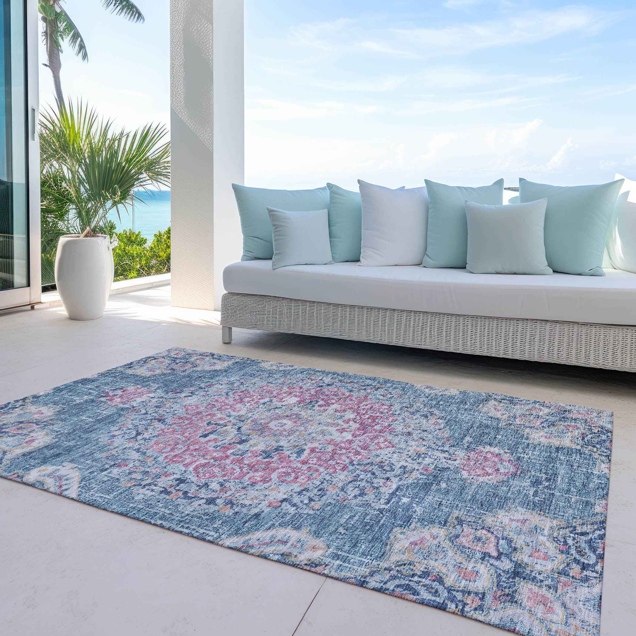 5' X 8' Blue Floral Medallion Washable Indoor Outdoor Area Rug