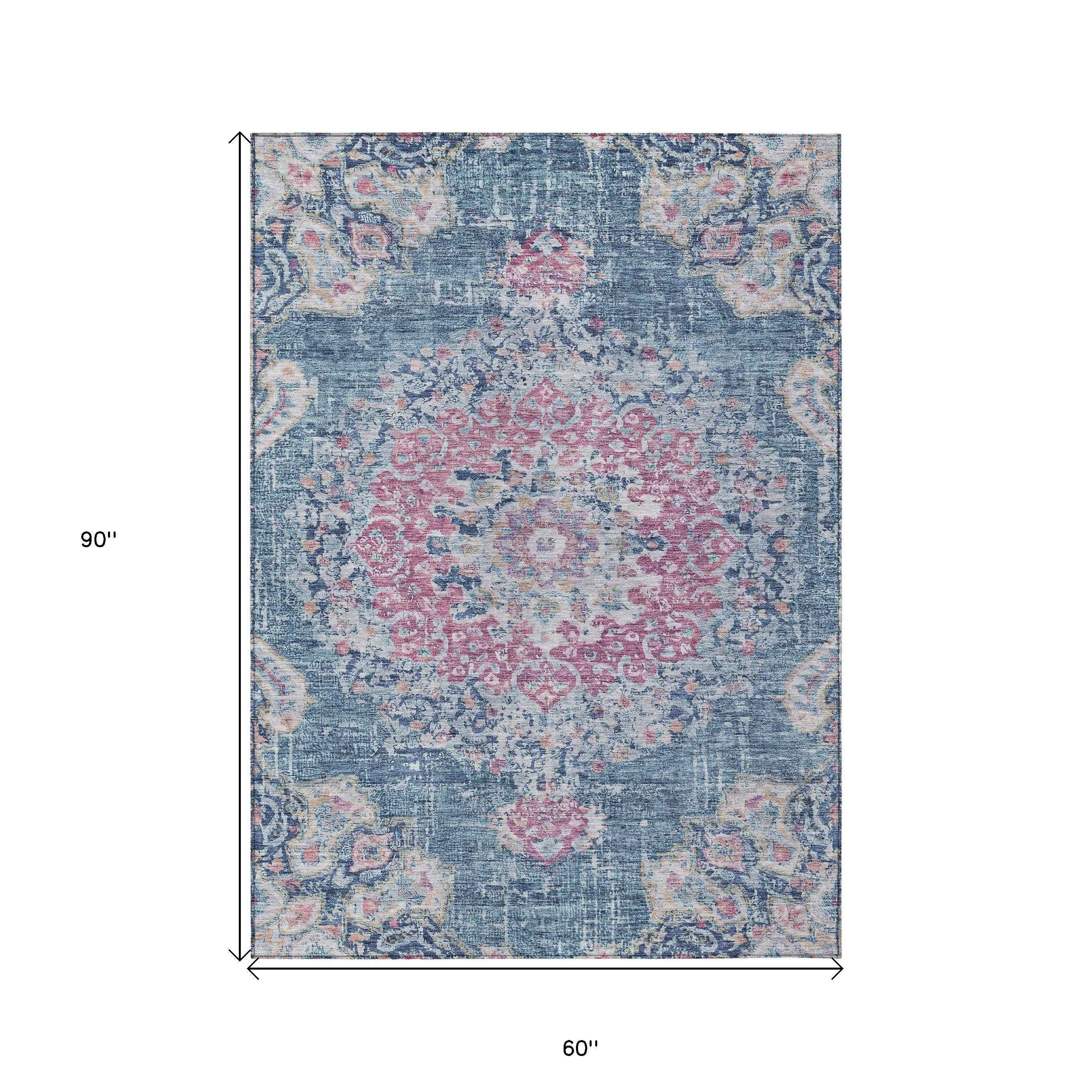 5' X 8' Blue Floral Medallion Washable Indoor Outdoor Area Rug