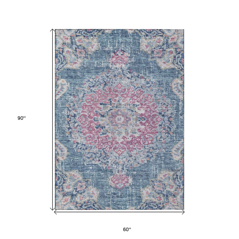 5' X 8' Blue Floral Medallion Washable Indoor Outdoor Area Rug