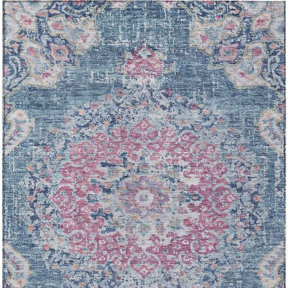 5' X 8' Blue Floral Medallion Washable Indoor Outdoor Area Rug