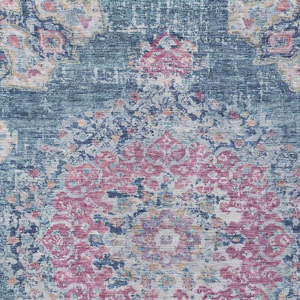 5' X 8' Blue Floral Medallion Washable Indoor Outdoor Area Rug