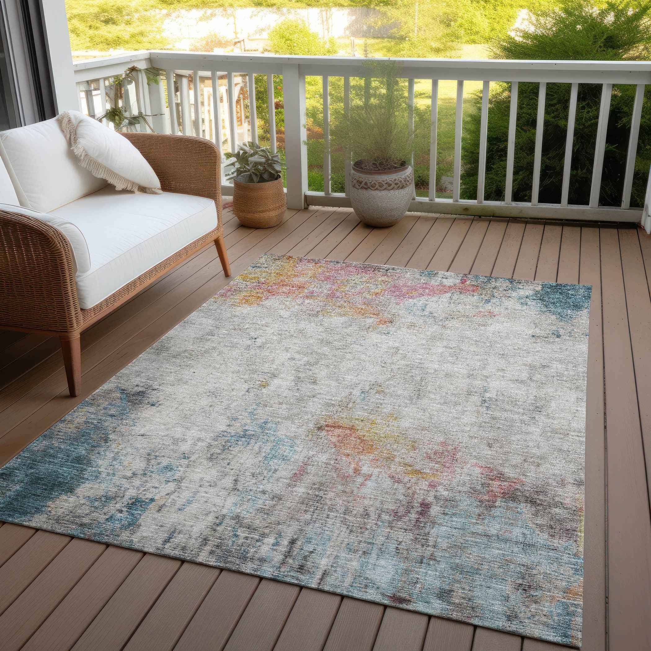 10' X 14' Teal Blue Abstract Washable Indoor Outdoor Area Rug