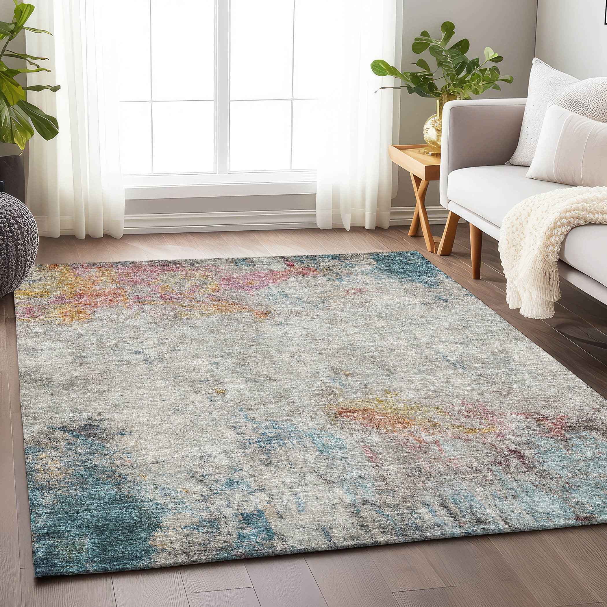 10' X 14' Teal Blue Abstract Washable Indoor Outdoor Area Rug