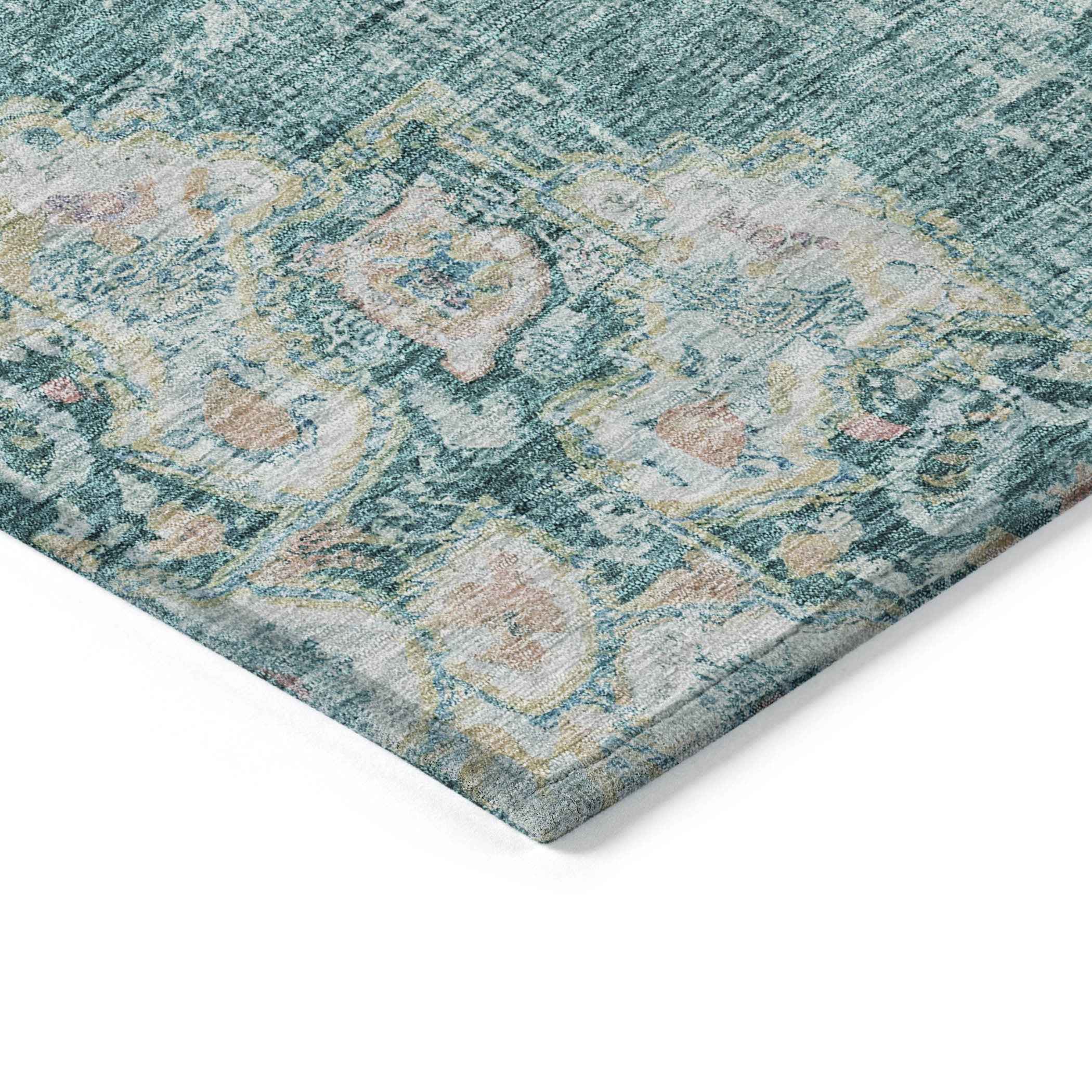 9' X 12' Teal Blue Floral Medallion Washable Indoor Outdoor Area Rug
