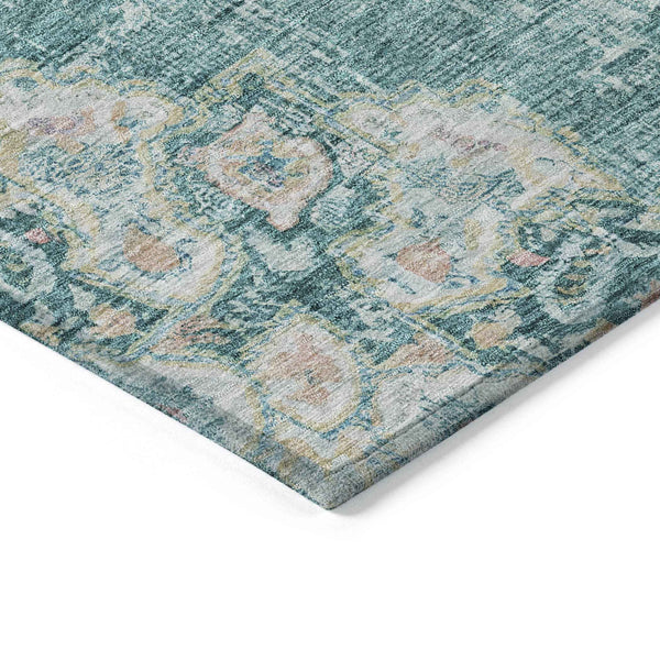 9' X 12' Teal Blue Floral Medallion Washable Indoor Outdoor Area Rug