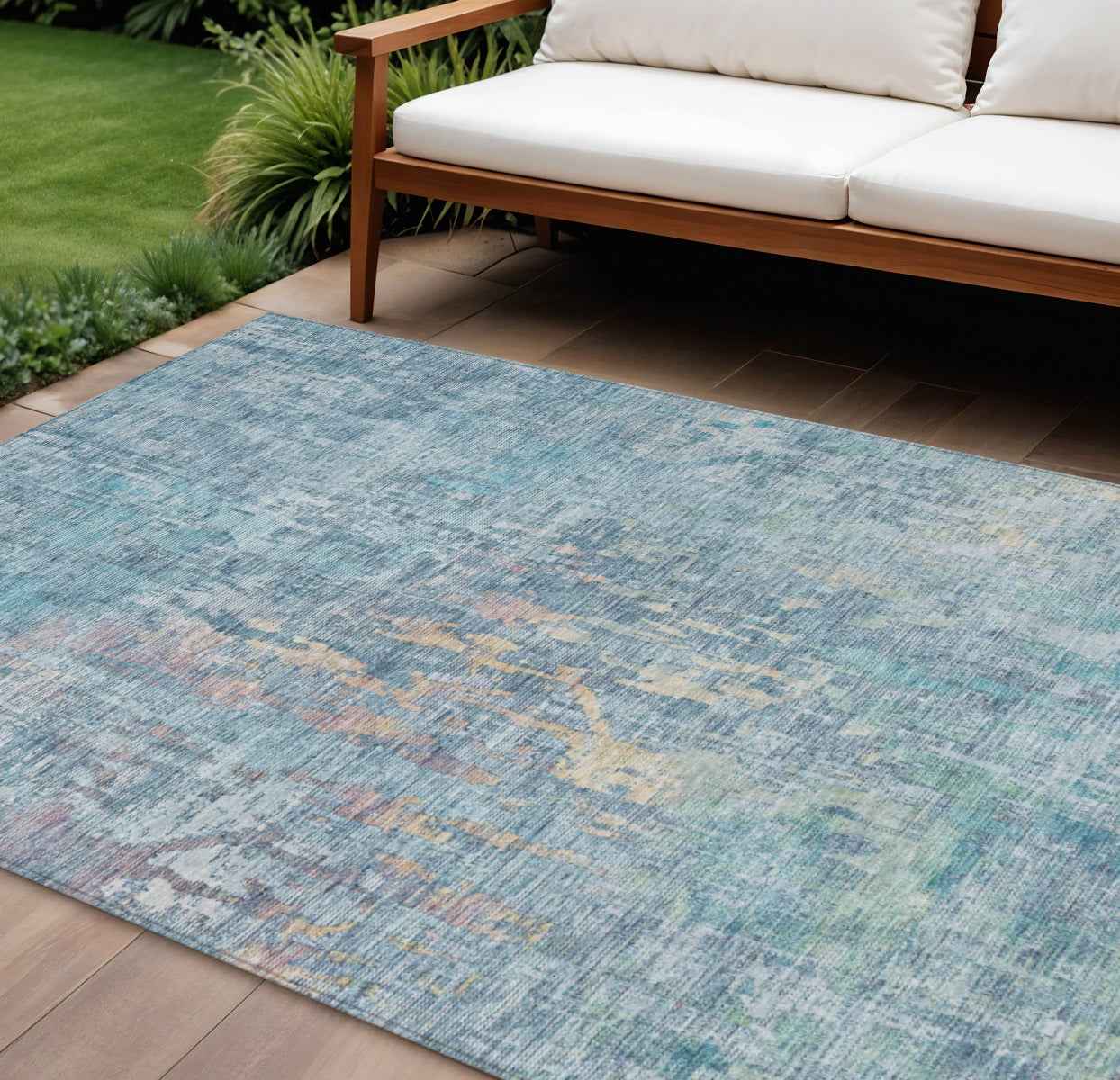 10' X 14' Blue Abstract Washable Indoor Outdoor Area Rug