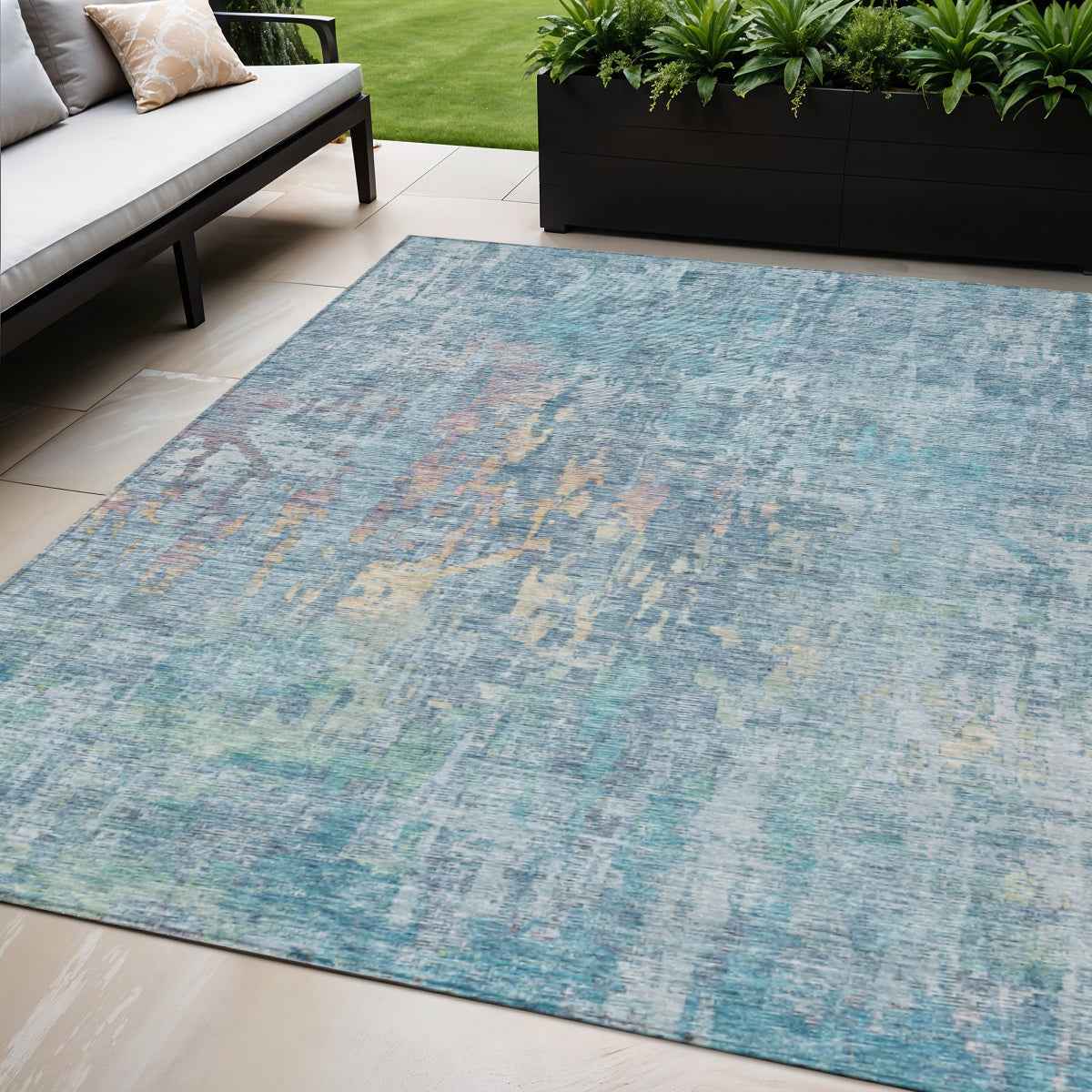 5' X 8' Blue Abstract Washable Indoor Outdoor Area Rug
