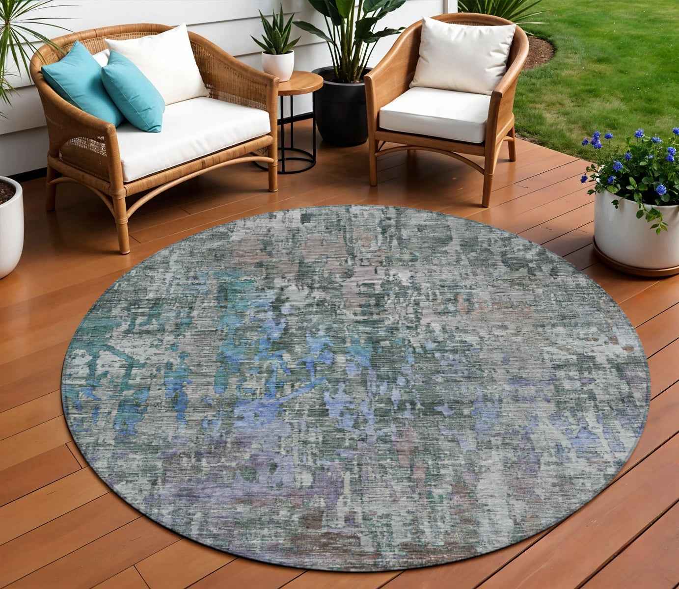 8' Fern Green Round Abstract Washable Indoor Outdoor Area Rug