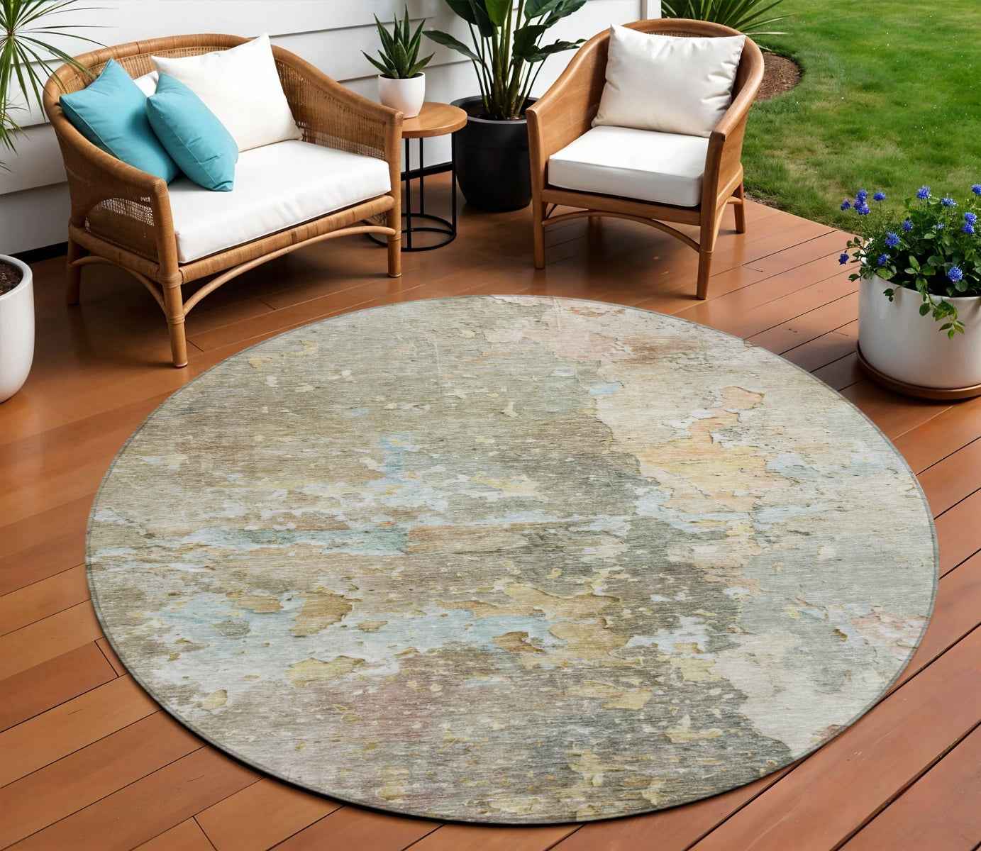 8' Brown Round Abstract Washable Indoor Outdoor Area Rug