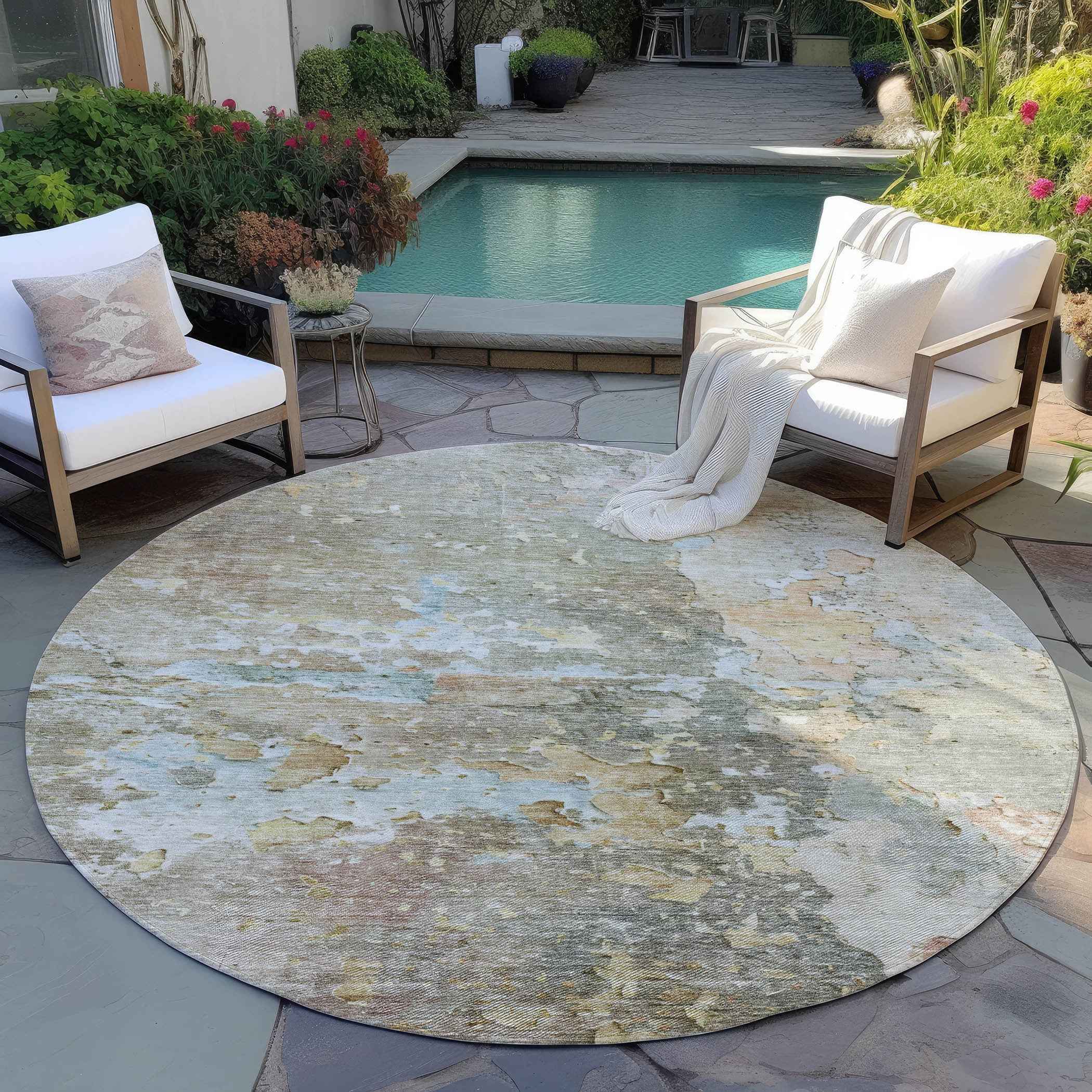 8' Brown Round Abstract Washable Indoor Outdoor Area Rug