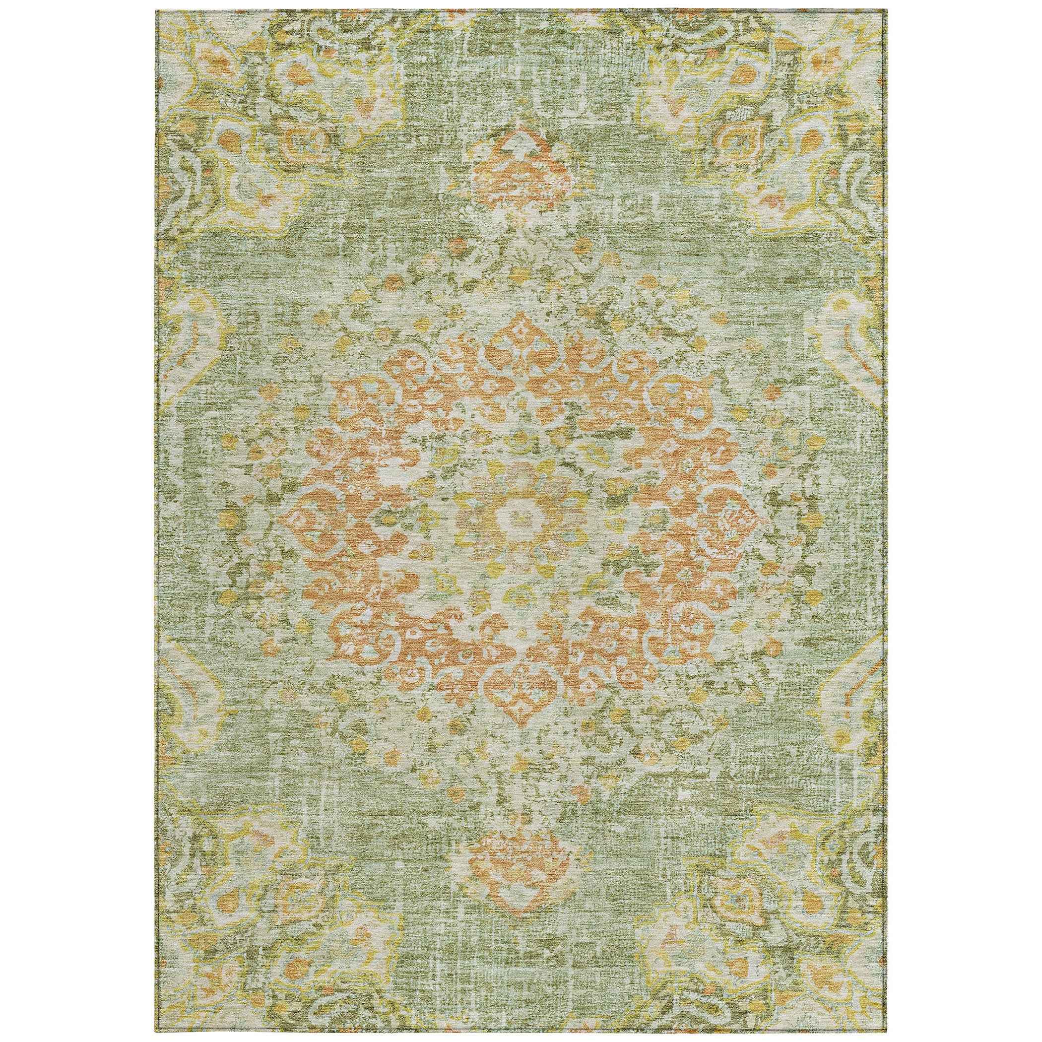 3' X 5' Artichoke Green Floral Medallion Washable Indoor Outdoor Area Rug