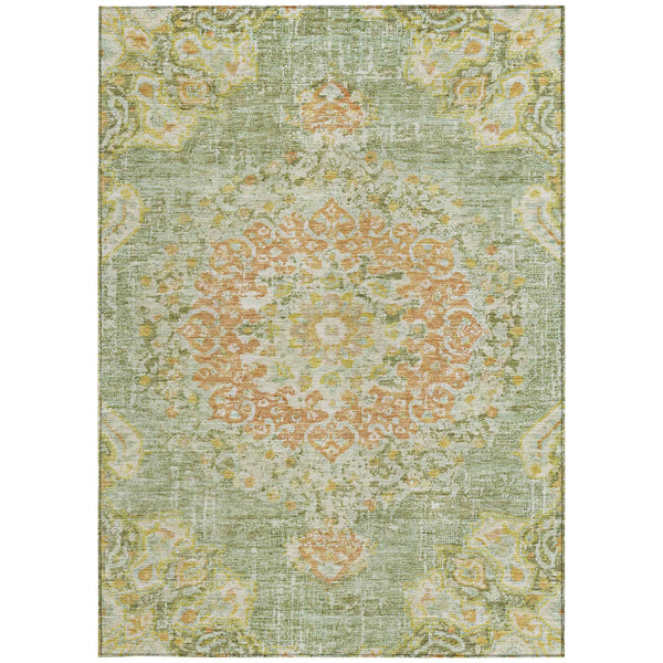 3' X 5' Artichoke Green Floral Medallion Washable Indoor Outdoor Area Rug