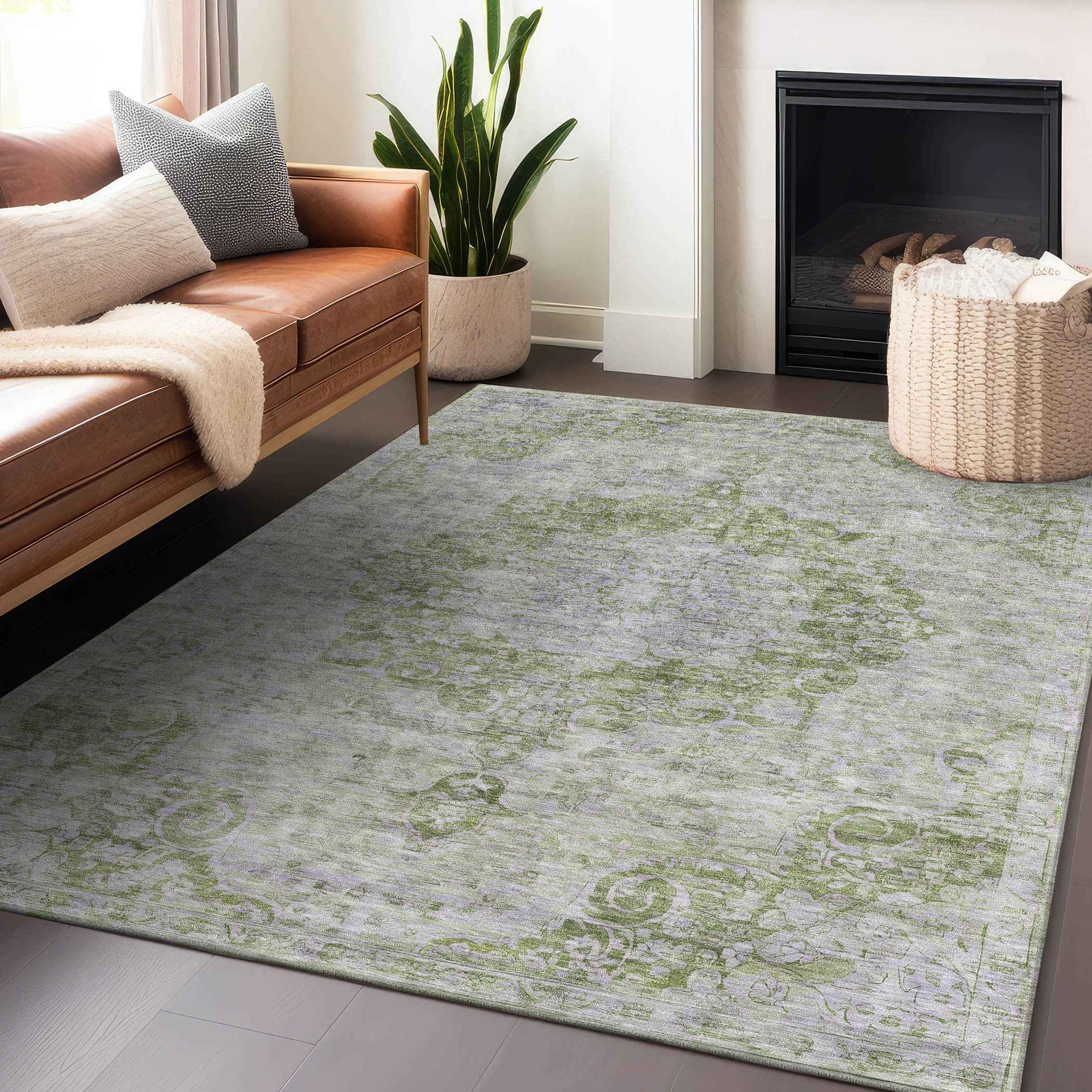 9' X 12' Olive Green Floral Medallion Washable Indoor Outdoor Area Rug