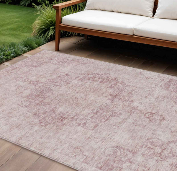 10' X 14' Pink Floral Medallion Washable Indoor Outdoor Area Rug