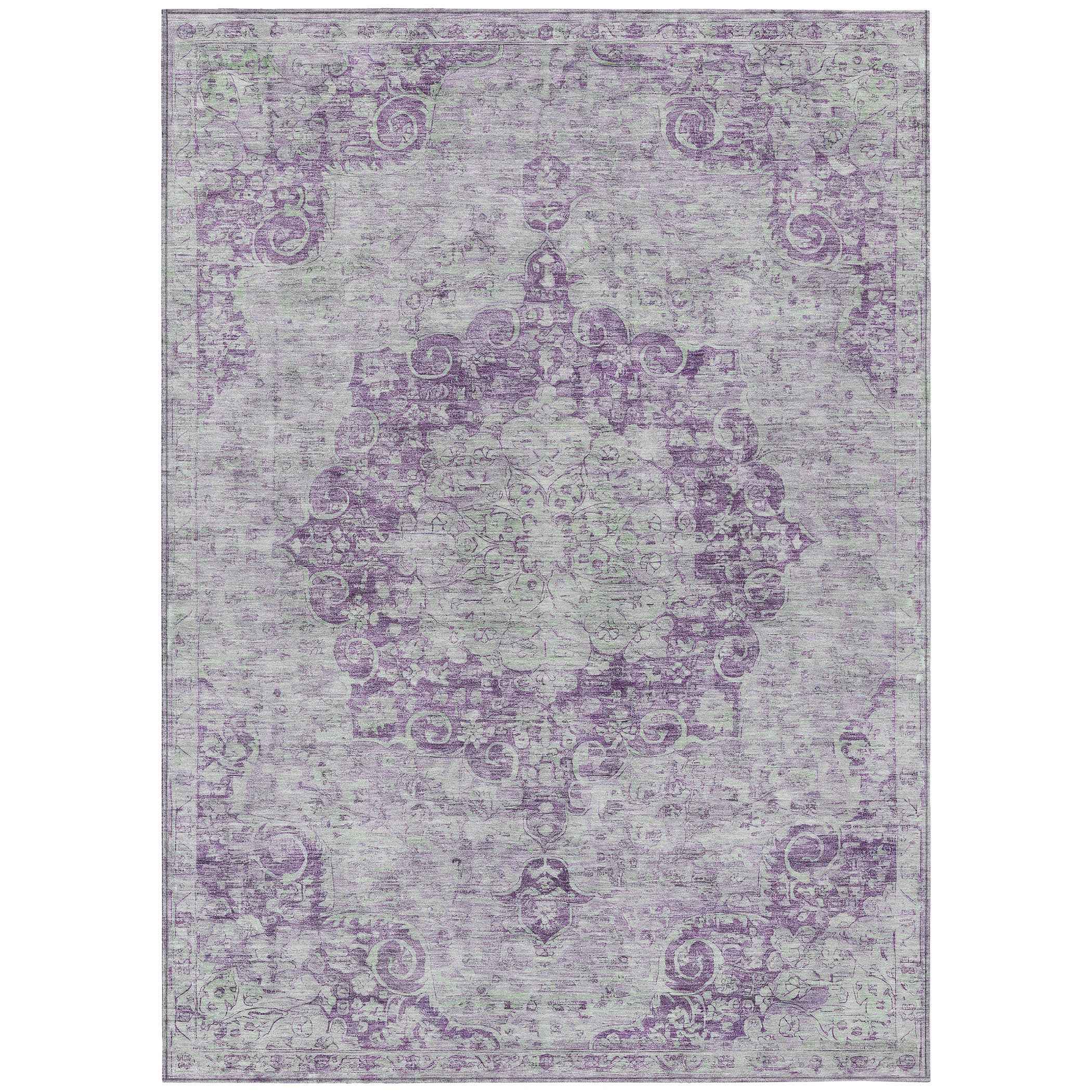 9' X 12' Purple Floral Medallion Washable Indoor Outdoor Area Rug