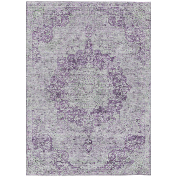 9' X 12' Purple Floral Medallion Washable Indoor Outdoor Area Rug