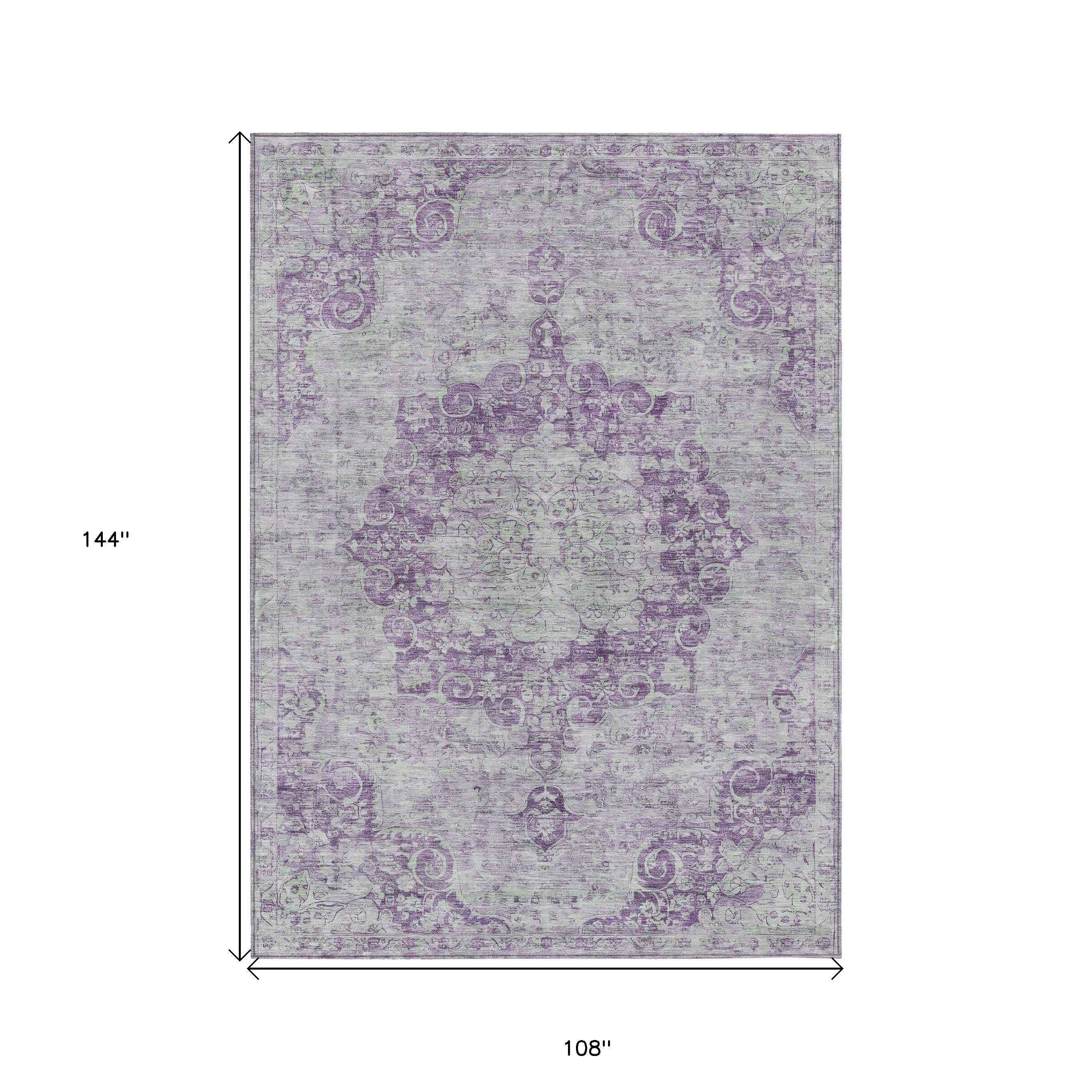 9' X 12' Purple Floral Medallion Washable Indoor Outdoor Area Rug