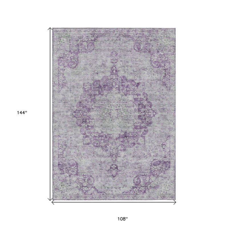 9' X 12' Purple Floral Medallion Washable Indoor Outdoor Area Rug