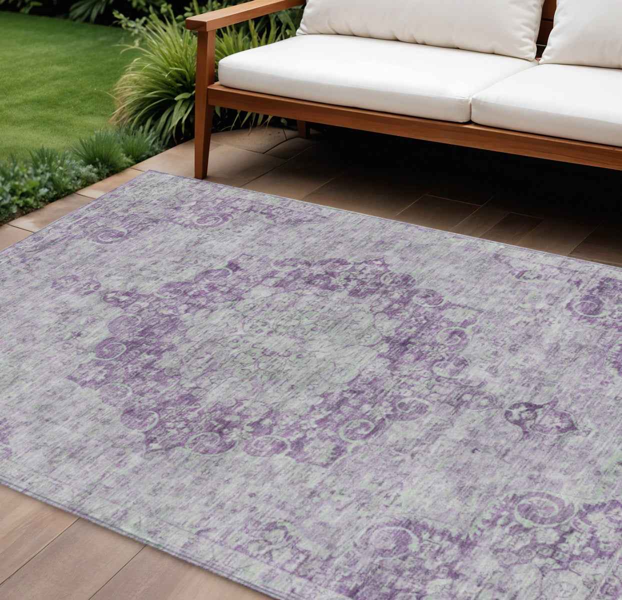 9' X 12' Purple Floral Medallion Washable Indoor Outdoor Area Rug