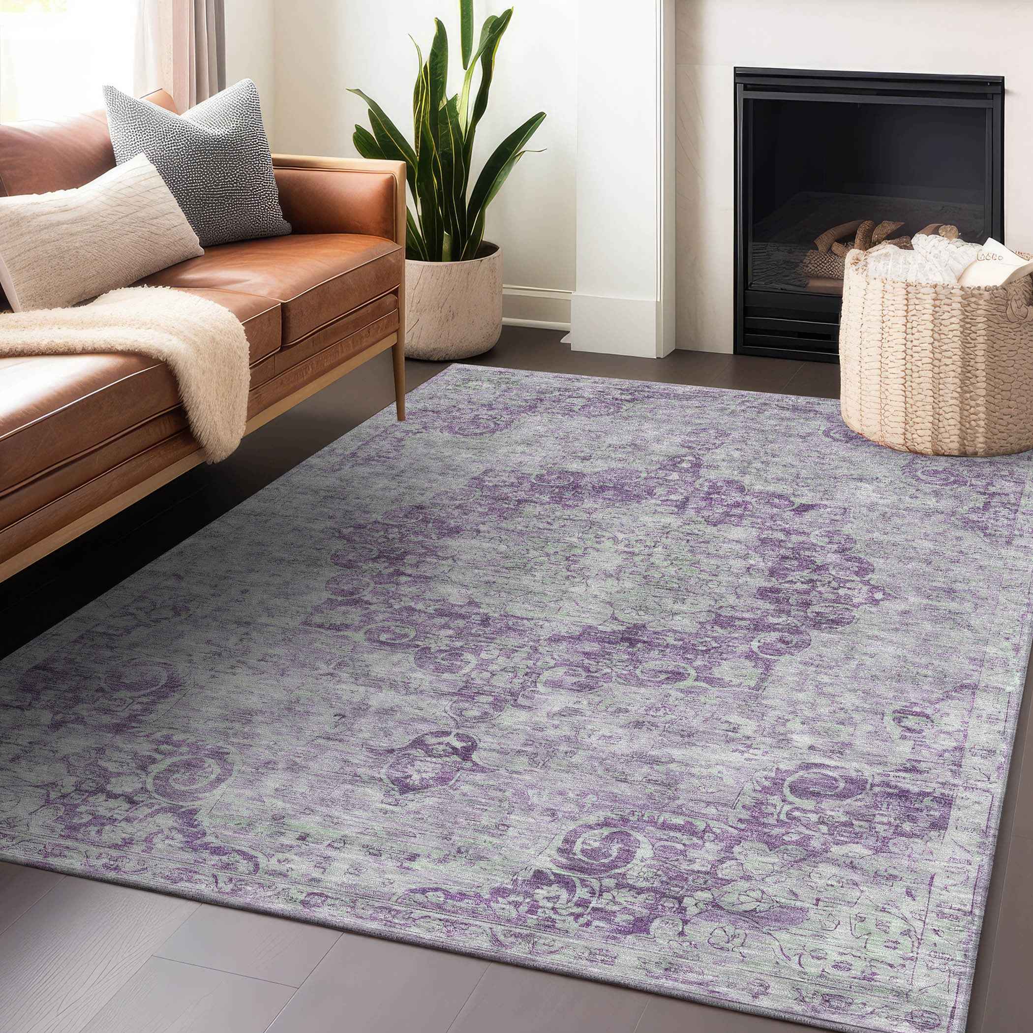 9' X 12' Purple Floral Medallion Washable Indoor Outdoor Area Rug