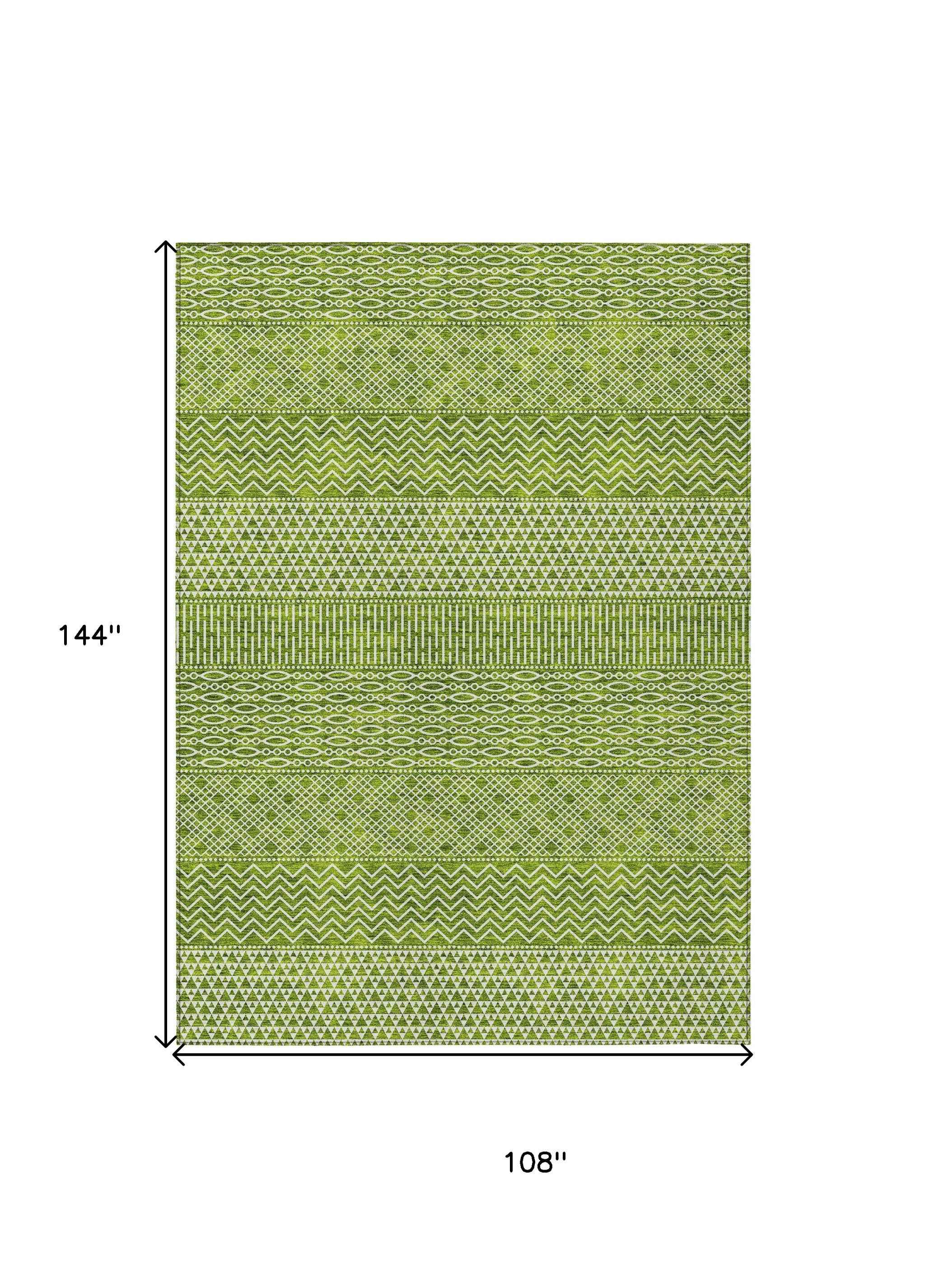 9' X 12' Lime Green And Ivory Chevron Washable Indoor Outdoor Area Rug