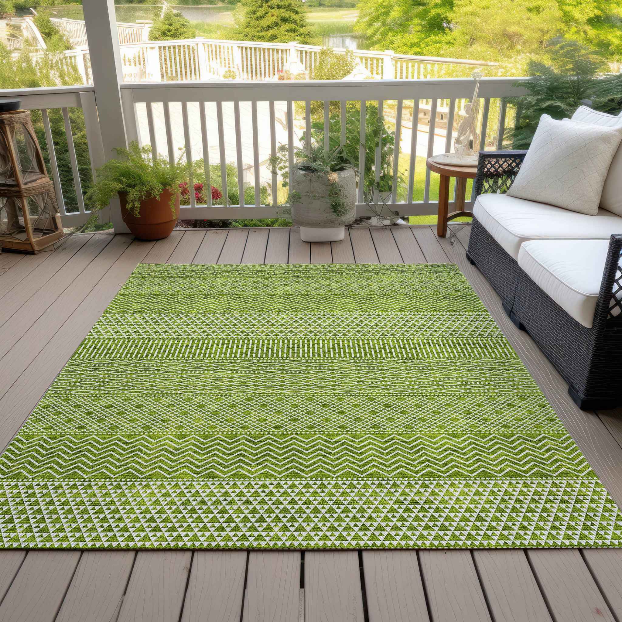 9' X 12' Lime Green And Ivory Chevron Washable Indoor Outdoor Area Rug