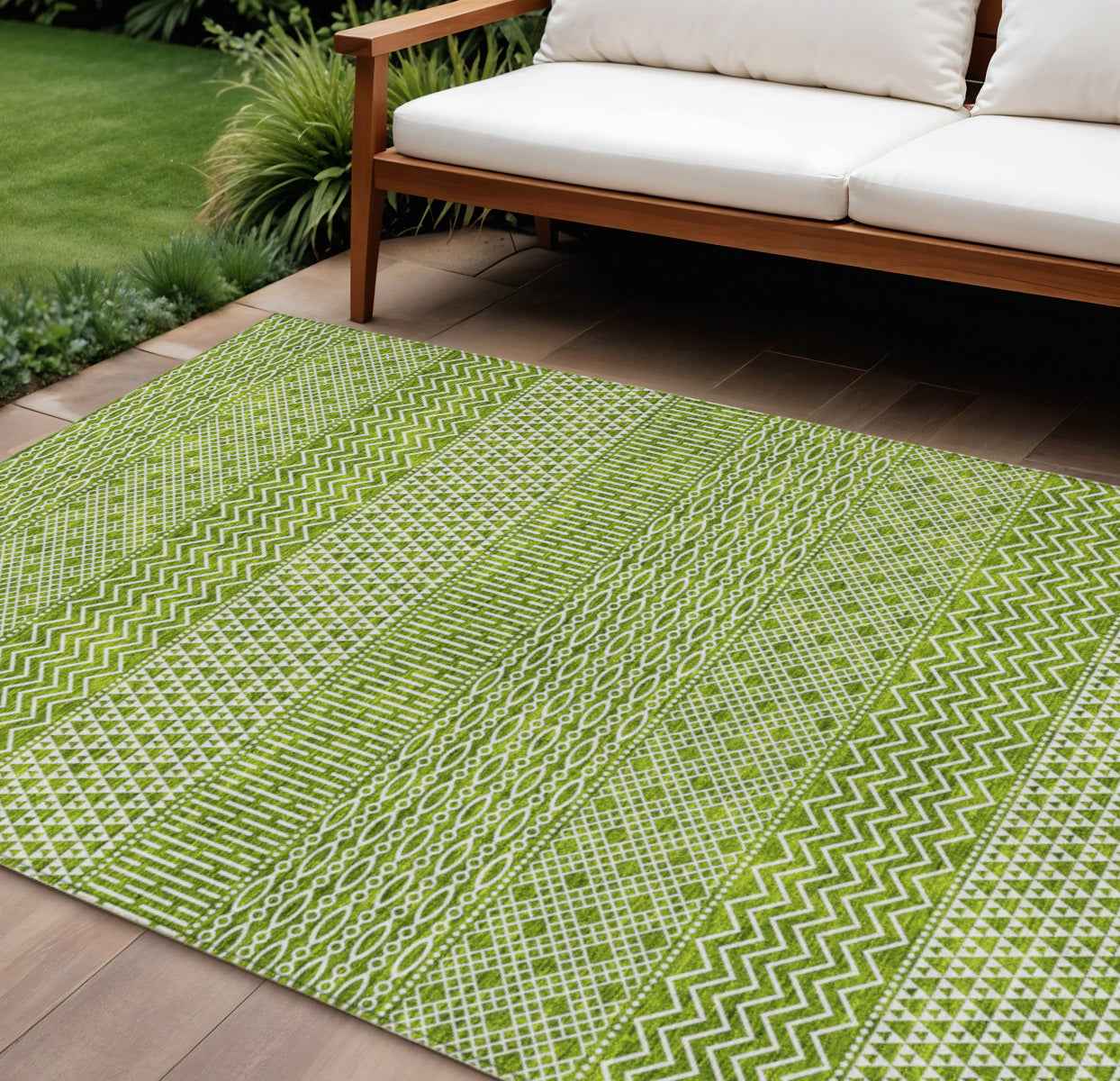 9' X 12' Lime Green And Ivory Chevron Washable Indoor Outdoor Area Rug